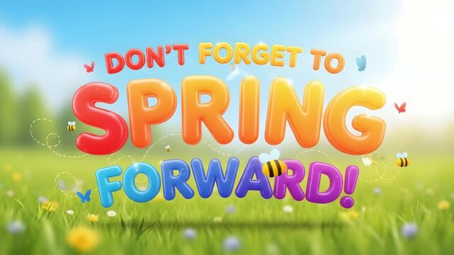 Cheerful animated spring forward text over vibrant green grass field with butterflies and flowers 4K Ai HD high quality video.