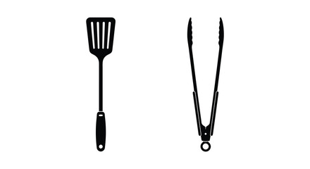 Black kitchen tools including a spatula and tongs are displayed as a striking silhouette high quality © MIRAJ02