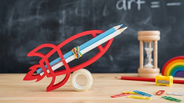 Creative Rocket Pencil Holder on School Desk with Chalkboard Background.