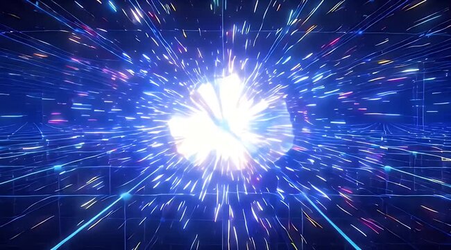 Central luminous orb bursts with bright blue rays and particles within a dark grid