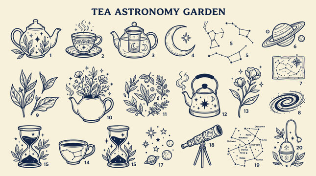 A whimsical collection of celestial and botanical illustrations, featuring teapots, cups, constellations, planets, and hourglasses, evoking a sense of cosmic tea time and garden magic.