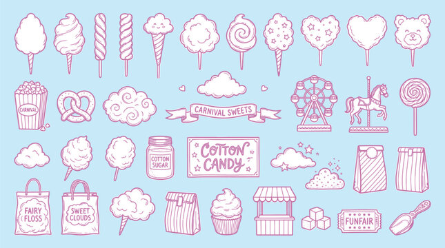 A delightful collection of whimsical pink and white carnival and cotton candy themed illustrations on a light blue background.