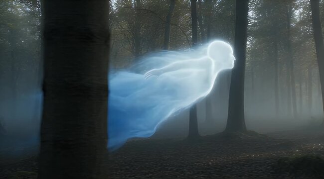 Ethereal blue-white spirit gliding through a mystical, dark, and misty forest