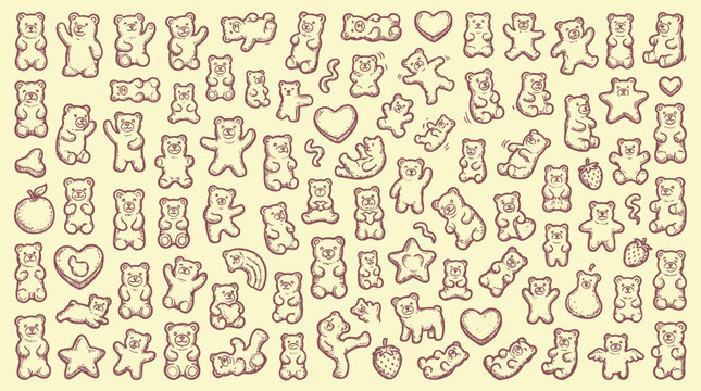 A large collection of hand-drawn gummy bear and other candy shapes in a scattered pattern on a light yellow background.