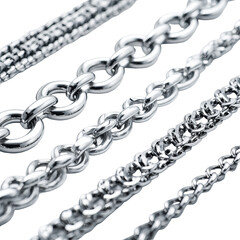 Fototapeta premium Close-up of various silver chains with unique link designs, isolated against a black background
