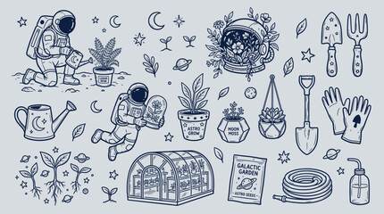 Whimsical illustration of astronauts tending to plants in space, featuring a greenhouse, gardening tools, and celestial elements. © KN collection