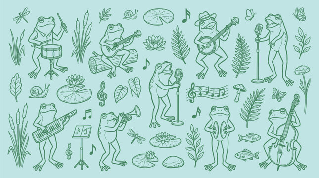 A whimsical illustration of a frog band playing music in a natural pond setting with various instruments and musical notes.