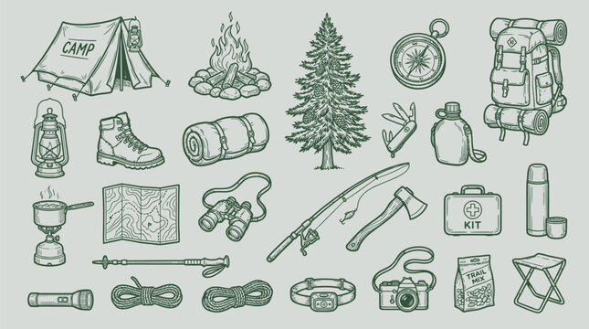 A comprehensive collection of hand-drawn illustrations depicting essential camping and outdoor adventure gear, presented in a vintage, monochromatic style.