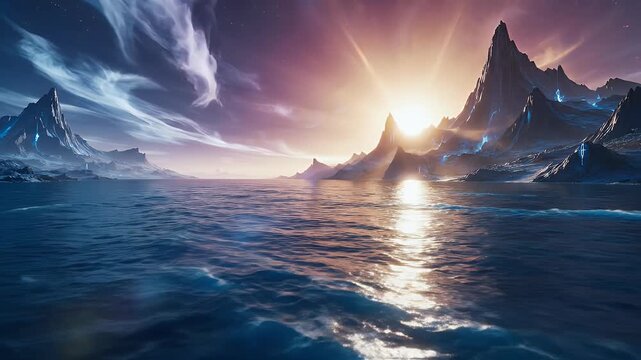 Alien ocean reflects a sunset with jagged peaks and ethereal clouds