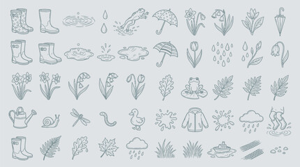 A collection of hand-drawn spring-themed icons, featuring rain boots, flowers, umbrellas, and various elements of nature and weather. © KN collection