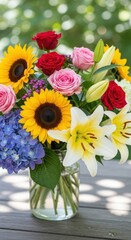 Fototapeta premium Vibrant Floral Arrangement - Sunflowers, Roses, Lilies in Glass Vase.