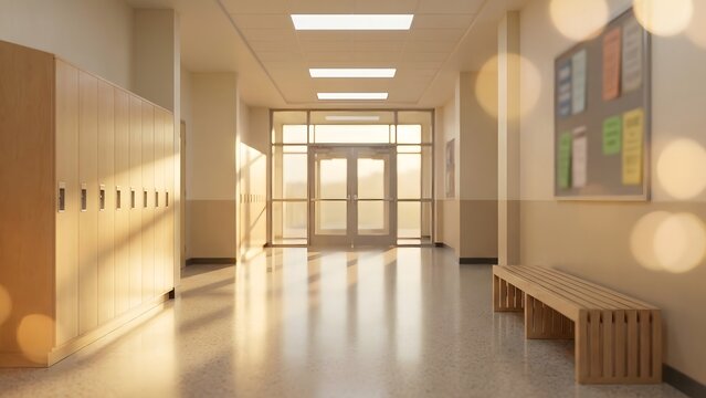 Empty school hallway with lockers and sunlight streaming through windows, creating a bright and inviting atmosphere.