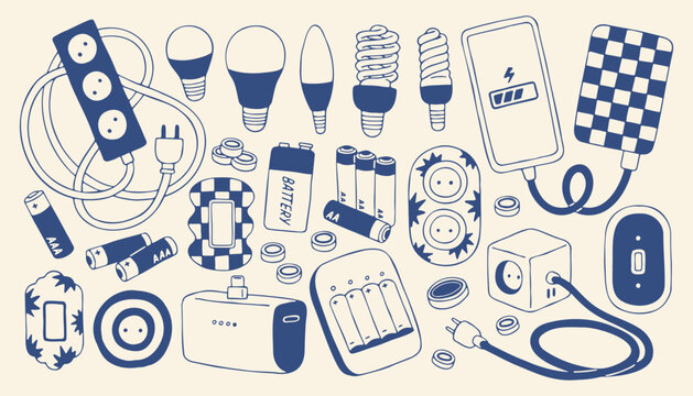 Blue hand drawn vector set of electricity equipment including light bulbs batteries and power sockets. Collection of energy supply icons and charging gadgets in a minimalist Mediterranean style
