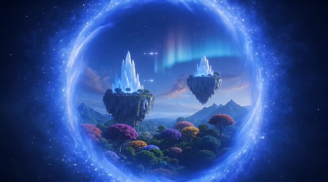 Glowing blue portal frames floating crystal islands amidst aurora-lit sky and vibrant flora