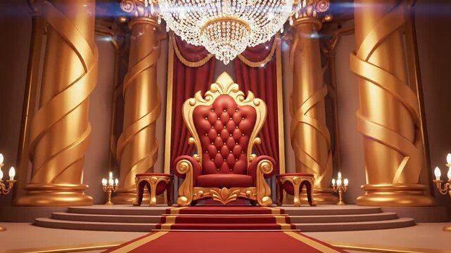Regal throne room with ornate golden columns and crystal chandelier