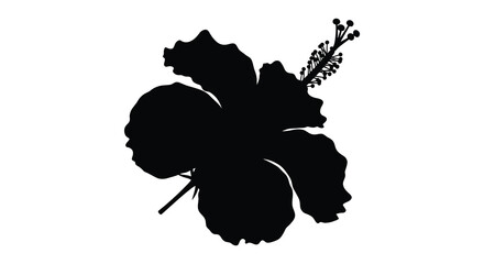 A striking black silhouette of a vibrant hibiscus flower with detailed petals and stem silhouette © Kuntol02