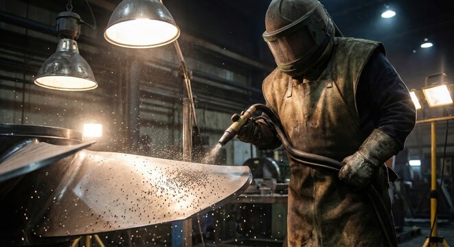 Industrial worker shot peening large turbine blade