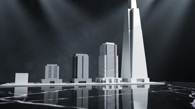 Minimalist monochrome architectural model featuring five geometric structures of escalating heights symbolizing corporate growth, business scaling, financial success, and expansion progress.