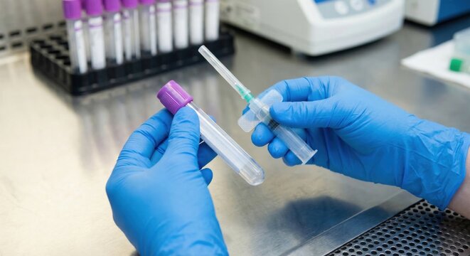 Phlebotomist preparing blood collection tube and vacuum needle