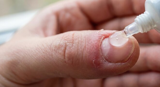Applying clear gel to paronychia infection on finger