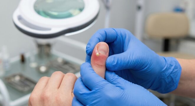 Dermatologist examining paronychia abscess on fingernail