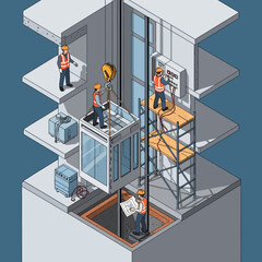 Isometric illustration of elevator construction and maintenance with workers and equipment. © Syakilla