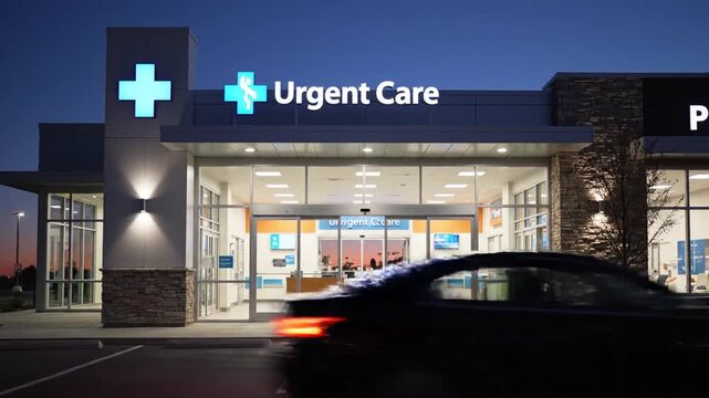 Contemporary outpatient clinic building architecture at twilight featuring an illuminated radiant blue neon sign and inviting glass entryway for emergency hospital healthcare treatment.