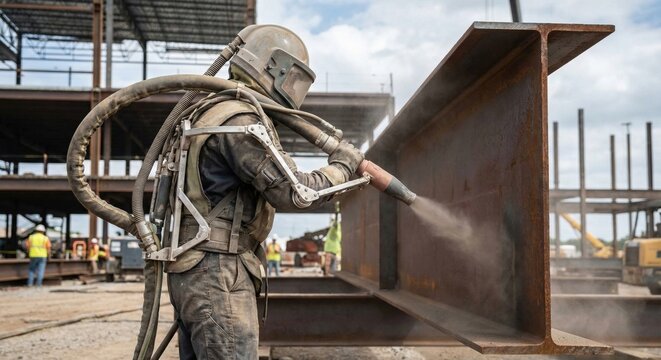Industrial worker in robotic exoskeleton sandblasting steel beam