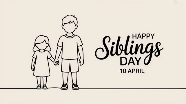Happy siblings day illustration with two children holding hands on beige background with text