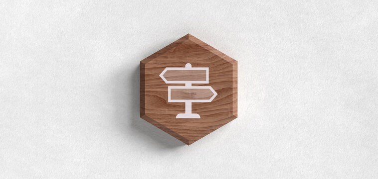 Wegweiser Schild Icon auf Holz Hexagon Header f&uuml;r Orientierung Entscheidung Strategie und Richtung Auswahl