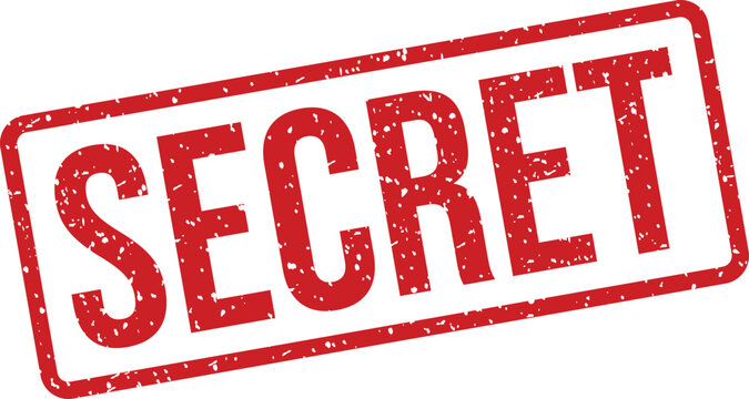 Prominent red grunge rubber stamp emphatically displays the word Secret on a stark white background