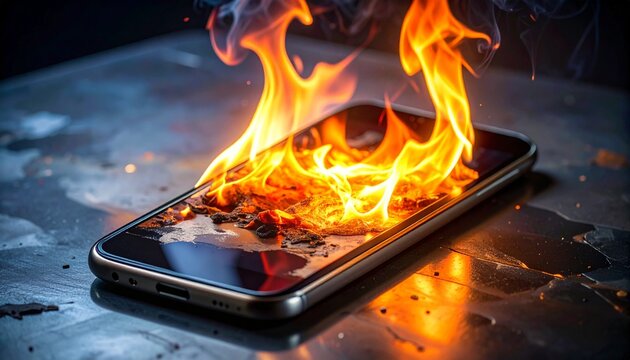 に包まれるスマートフォン/発火するリチウムイオン電池イメージ