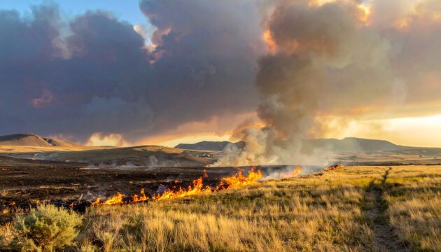 草原を焼き尽くす炎と立ち上る煙