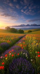 Obraz premium Vibrant floral meadow leading to a serene lake at sunset.