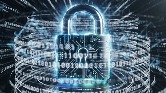 Luminous digital padlock with neon glowing edge on dynamic abstract tech background represents futuristic cybersecurity data protection and encrypted network safety protocol