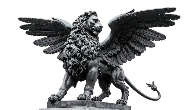 A majestic winged lion statue with detailed fur and feathers