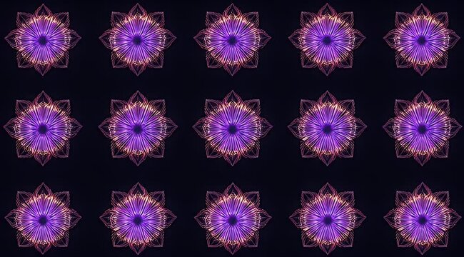 Vibrant repeating pattern of glowing purple-red abstract cosmic flowers on dark background