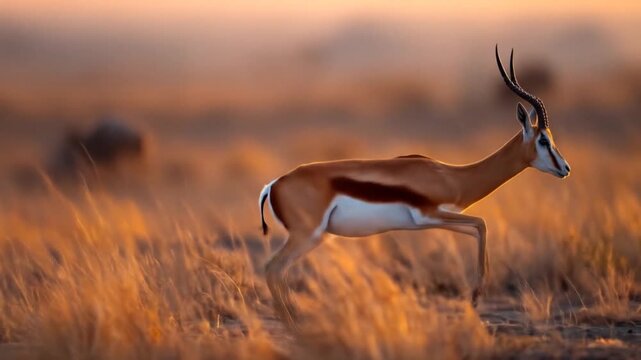 Springbok antelope runs across open field in golden evening sunlight