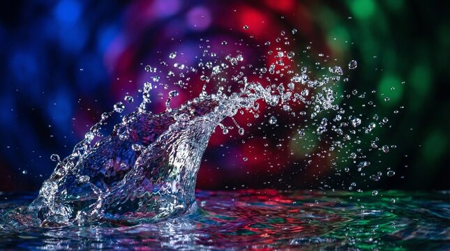 A clear liquid water splash with cold blue bubbles and falling drops captured in motion at 1000fps against a dark black nature background