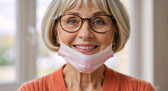Senior woman with glasses smiling with a pink surgical mask pulled down under her chin. Happy elderly female patient showing relief and recovery. End of pandemic concept