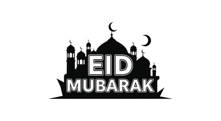 A striking eid mubarak graphic featuring a mosque skyline and bold lettering a dark silhouette © nhpvect02