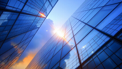 Reflective Blue Glass Skyscrapers with Bright Sun and Clouds Between Them ©  Blar Studio