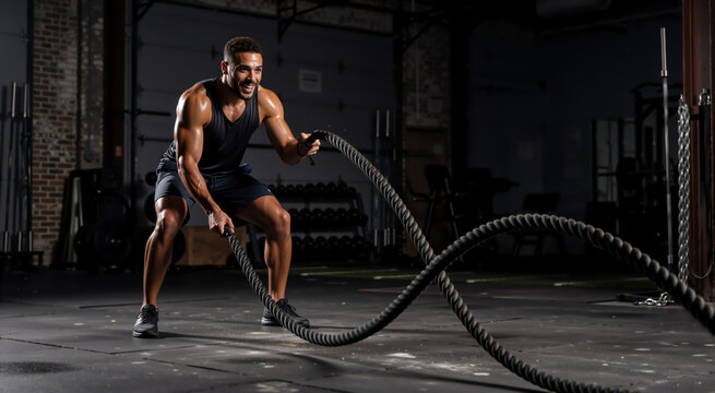 Muscular man working out with battle ropes in a dark gym. High intensity interval training and functional fitness concept. Athletic male exercising with heavy ropes