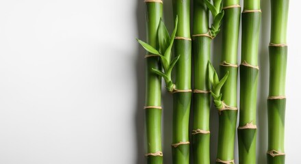 Fototapeta premium Vibrant Green Bamboo Stalks Against a Clean White Background.