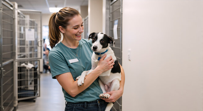 Smiling woman holding a black and white dog in an animal shelter. Female volunteer or vet assistant with a rescued pet. Animal adoption and care concept