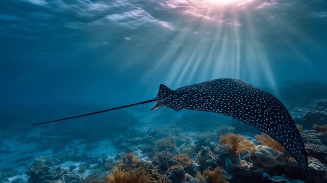 Stunning underwater view of a graceful stingray swimming in ocean depths