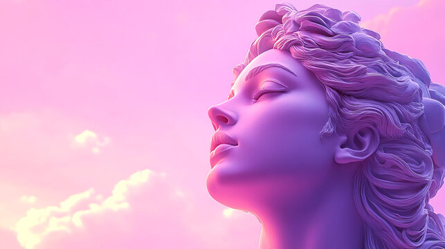 Surreal digital art of a purple-toned female statue looking upward against a soft pink sky with glowing clouds. The dreamlike composition evokes a sense of peace and ethereal transcendence.