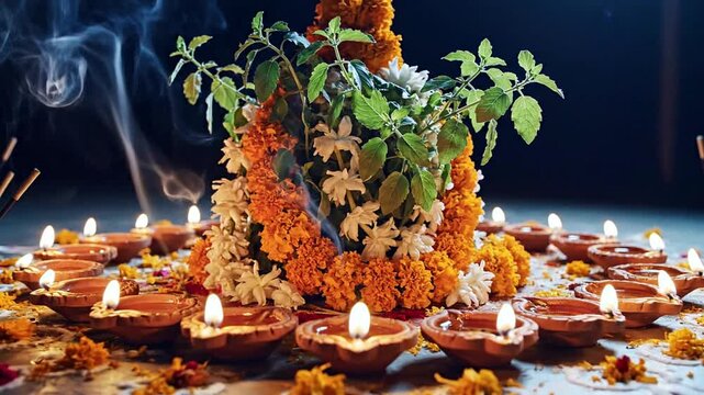 Close-up view of a Diwali celebration with glowing diyas surrounding a vibrant marigold floral arrangement in a dim indoor setting