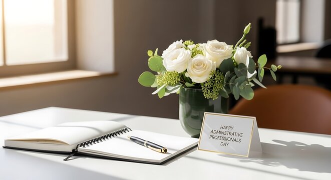 Elegant floral arrangement and notebook on desk, celebrating administrative professionals day