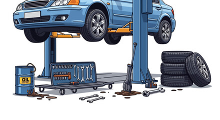 Naklejka premium Automobile maintenance and repair services with car on lift, tools, and spare tires, symbolizing automotive care and upkeep